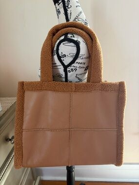 Unbranded Cognac Faux Leather Sherpa Tote Bag Shoulder Bag